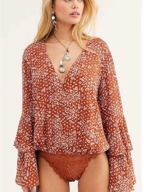Free People Rust Floral V-Neck Peasant Blouse